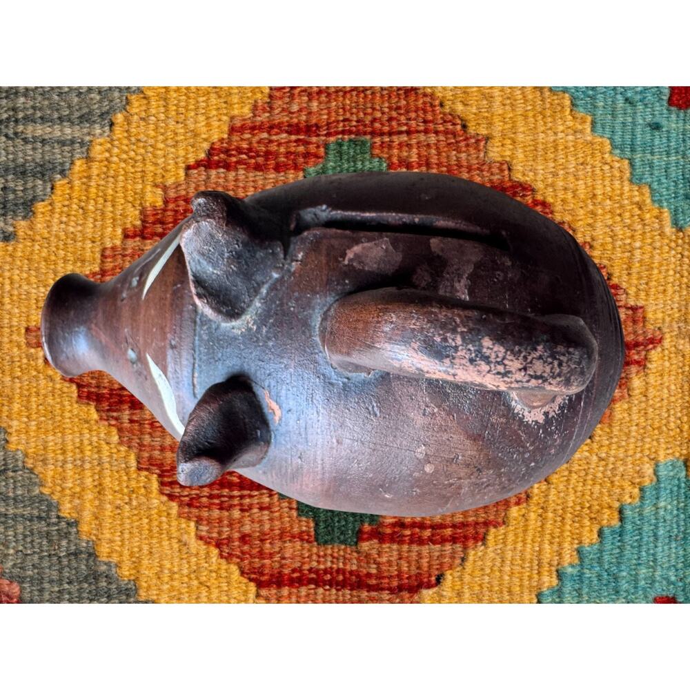 Vintage Mexican Folk Art Terracotta Piggy Bank with Handle 5” Brown Pottery - Picture 8 of 8